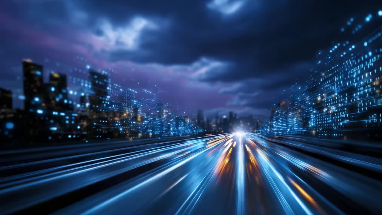Sähköinen matka futuristisessa kaupunkimaisemassa, jossa elävät siniset valot ja neonheijastukset luovat mukaansatempaavan tunnelman korostaen kaupunkielämän nopeutta ja energiaa iltahämärässä.