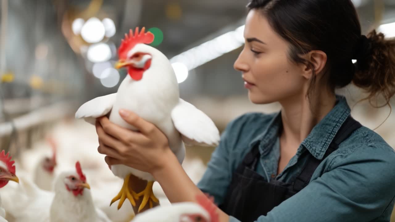 Uma fazendeira dedicada cuidando com atenção de suas galinhas em uma moderna granja avícola, mostrando seu relacionamento com as aves e seu compromisso com a pecuária.