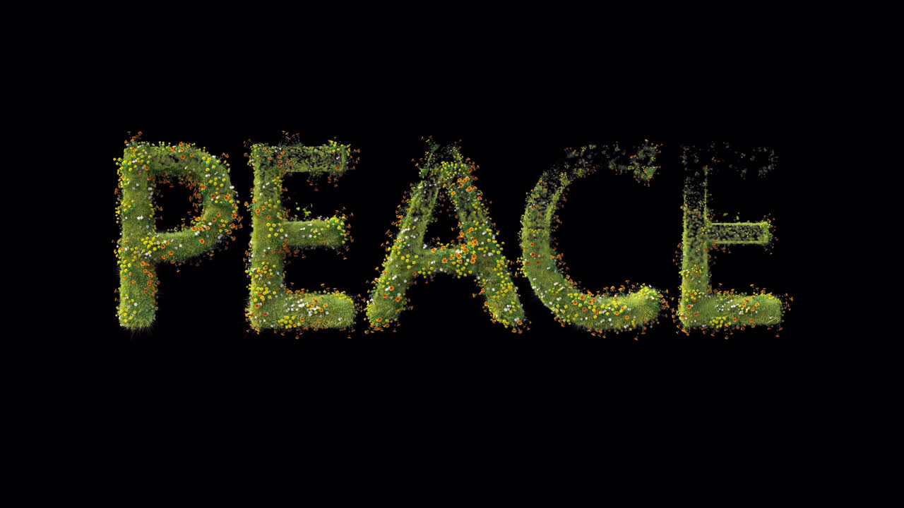 Word Peace Forming from Grass and Flowers on Black Background