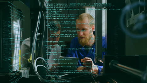 mathematical equations over men on tablet talking in computer server.