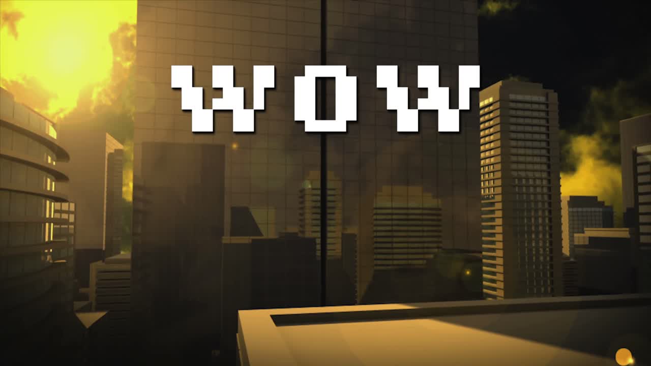 도시 풍경 위에  ⁇  글자로 된 와우 텍스트의 애니메이션