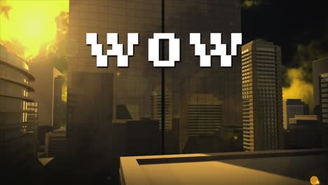 animation of wow text in white letters over cityscape