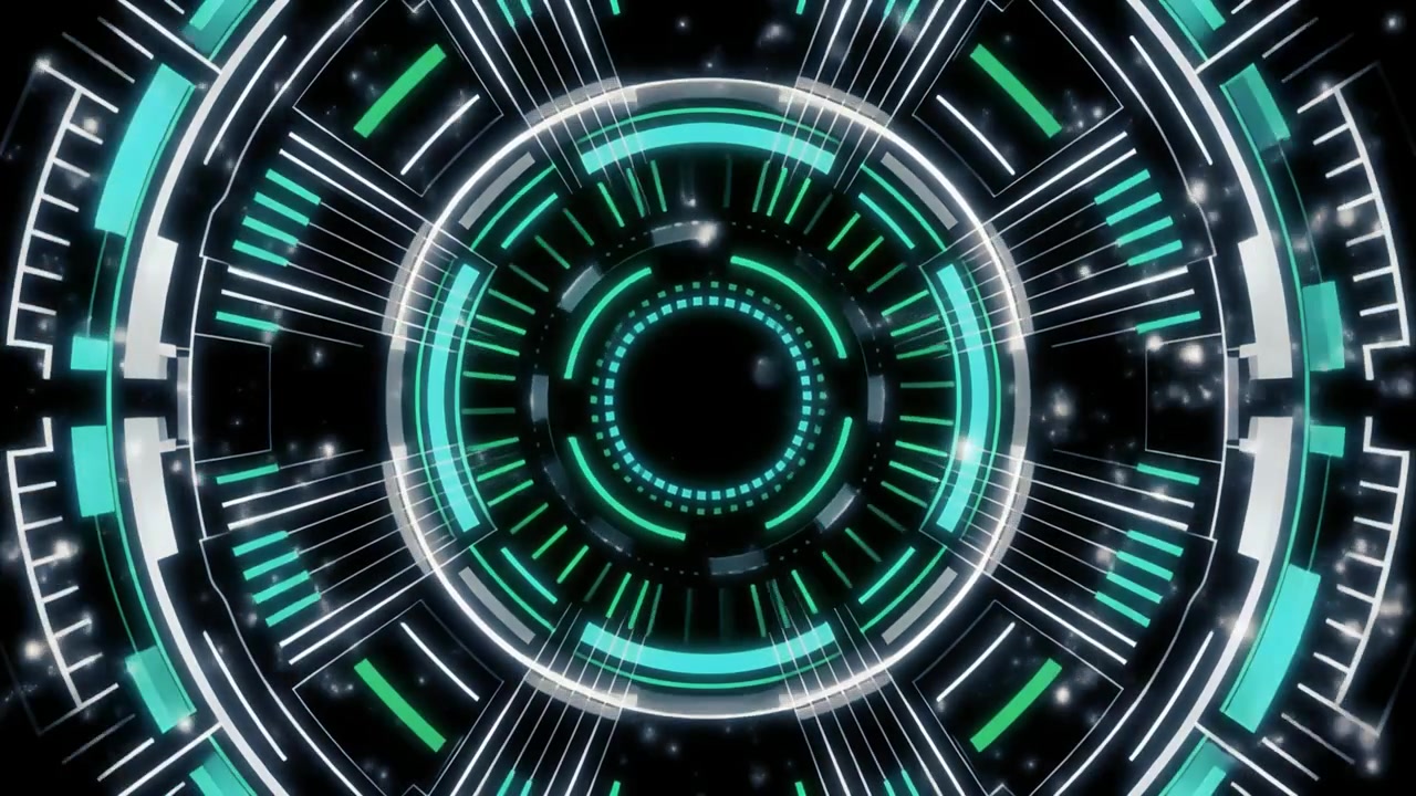 Interfaccia HUD digitale futuristica con elementi circolari rotanti
