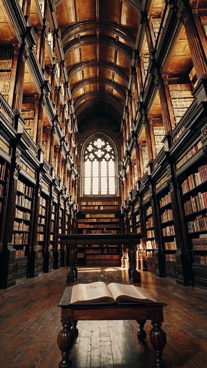 Majestic library interior with towering bookshelves and arched window