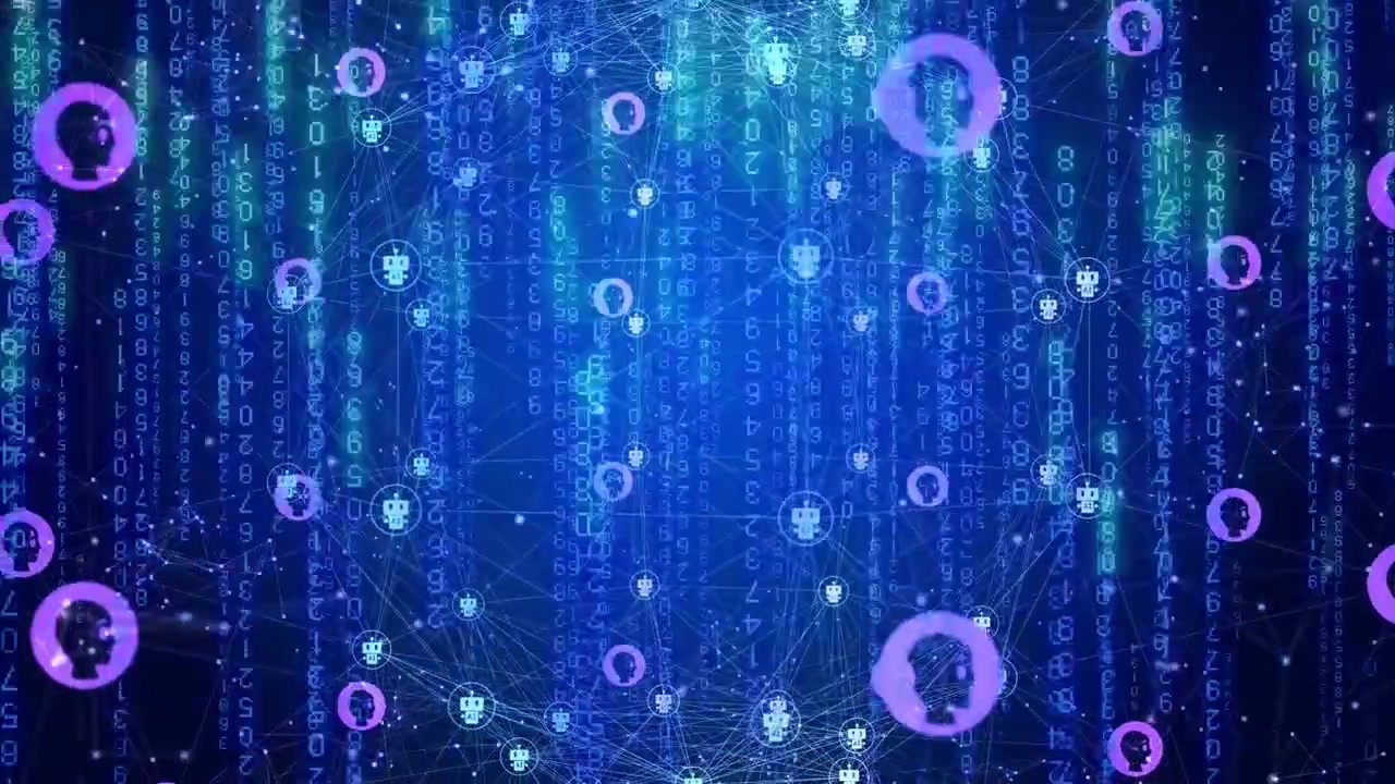 Central sphere forming as code streams sparking links users orbiting bots syncing showing data flow