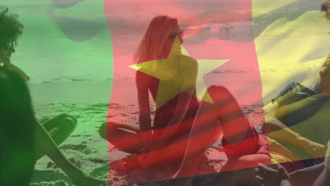 relaxing on beach, people with cameroon flag overlay and animation elements