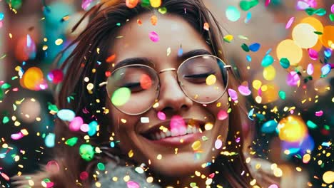 a woman wearing glasses and smiling with confetti falling around her