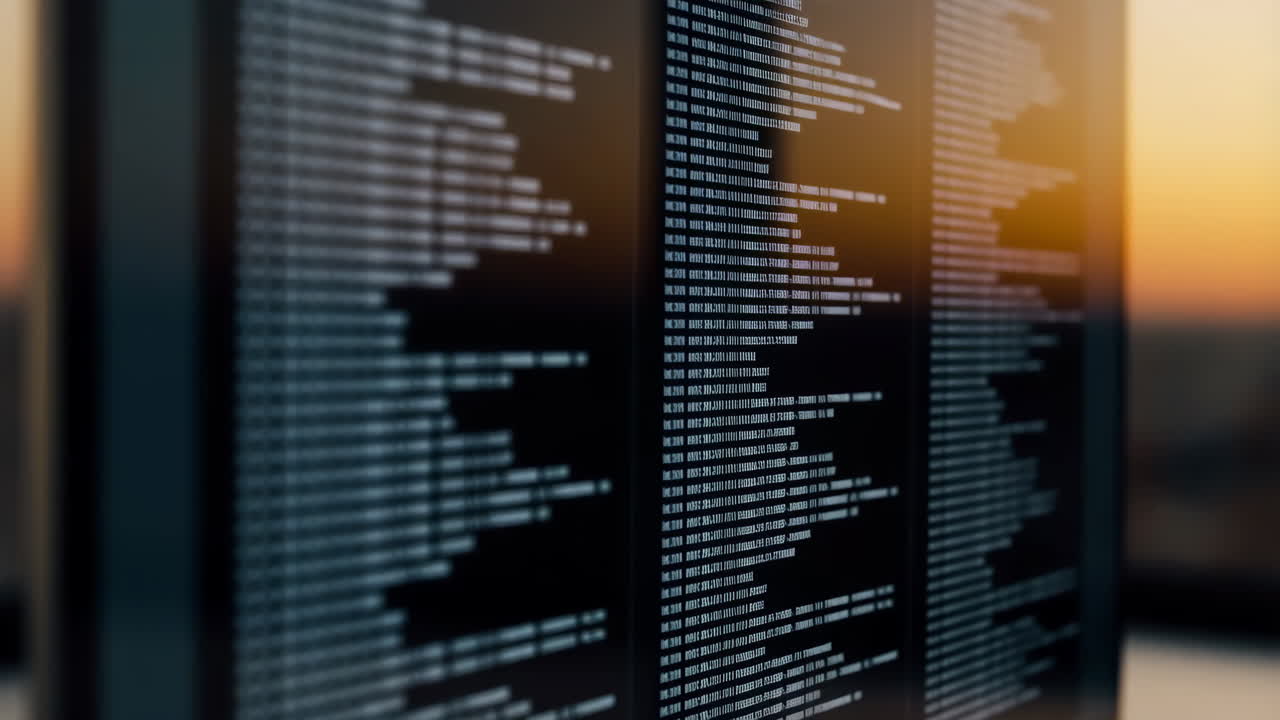Programming Code on a Monitor Screen with a Sunset Backdrop