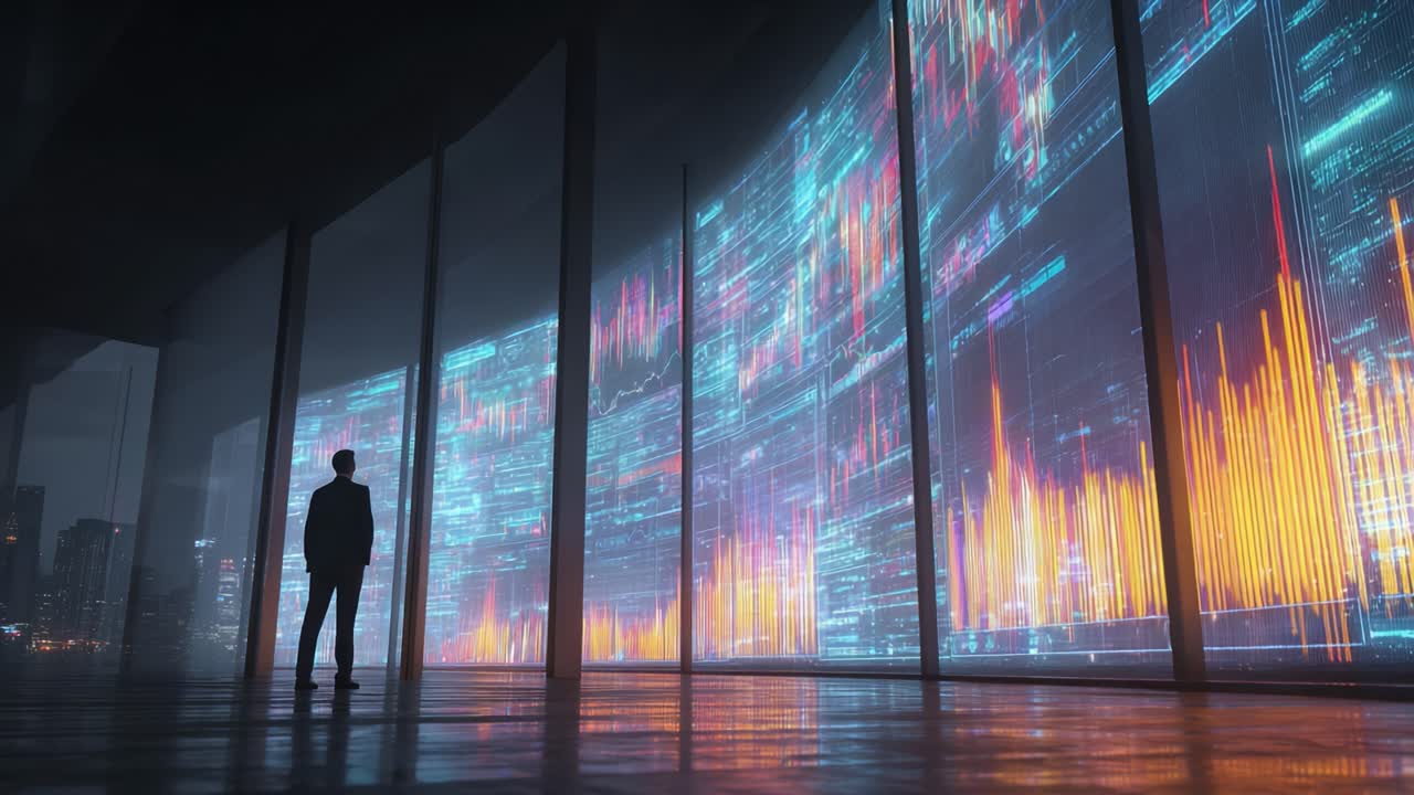 Contemplative Analyst Observes Data Visualizations in a Futuristic Environment, Capturing the Intersection of Technology and Insightful Decision-Making