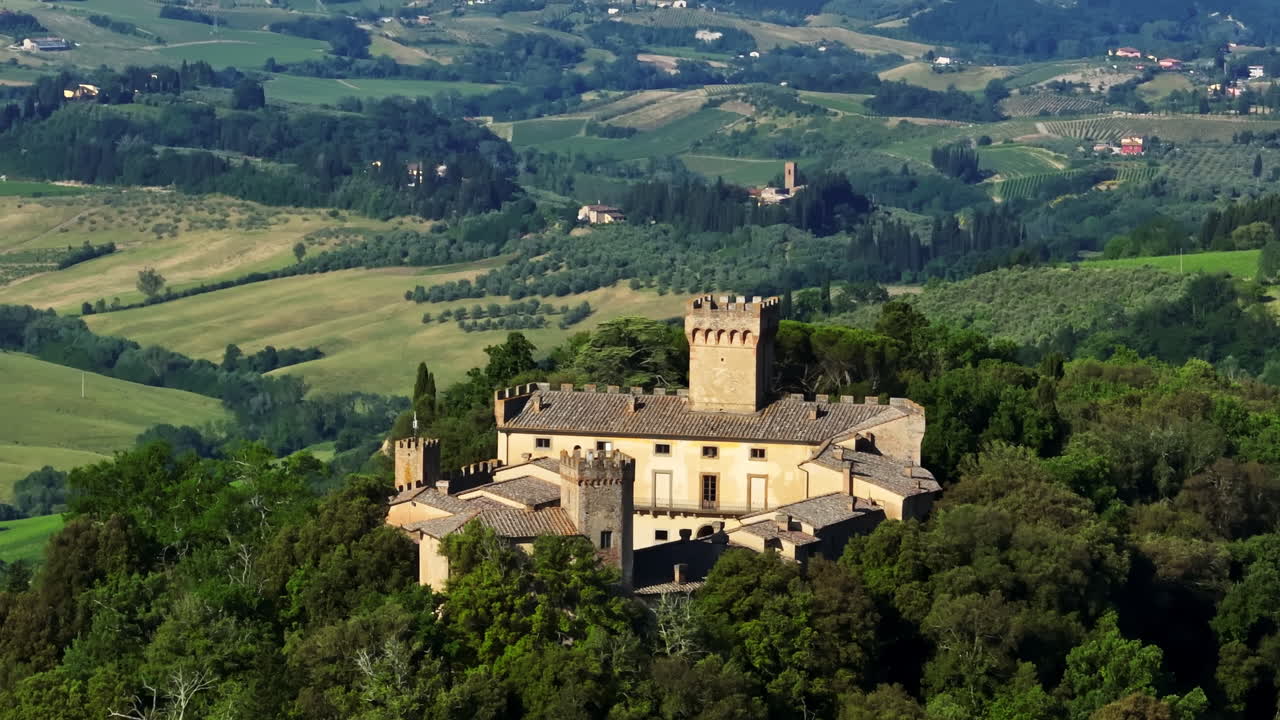 Telephoto drone shot away from the Castello di Santa Maria Novella, in Italy