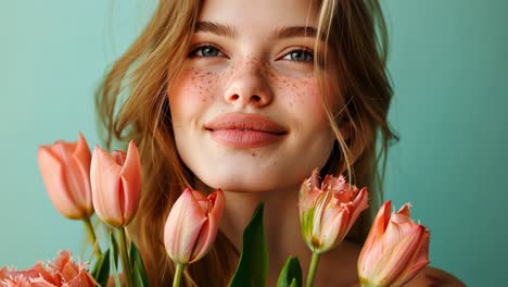 woman with freckles and pink tulips