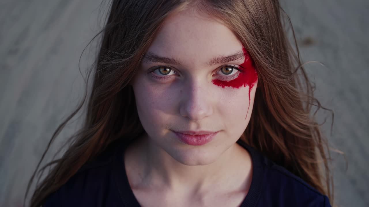Portrait of a serious teenager girl with long brown hair and red paint dripping from her right eye, evoking mystery and intrigue against a blurred background