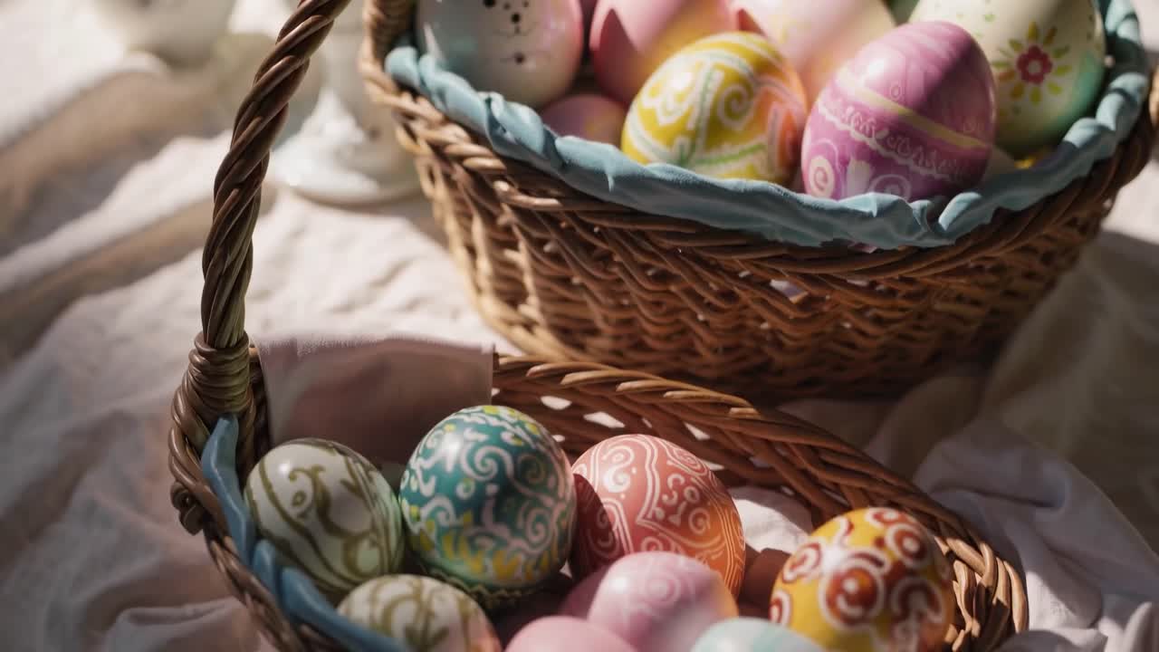 Video of a wicker basket filled with intricately painted Easter eggs, captured from a high-angle