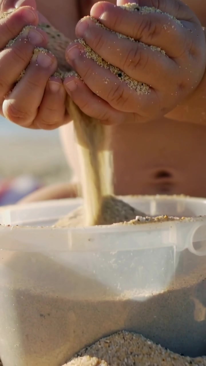 Vertikal video: Barbröstad unge håller sand i kupade händer och låter sanden rinna vid ett genomskinligt kar på stranden, vilket bildar en hög.