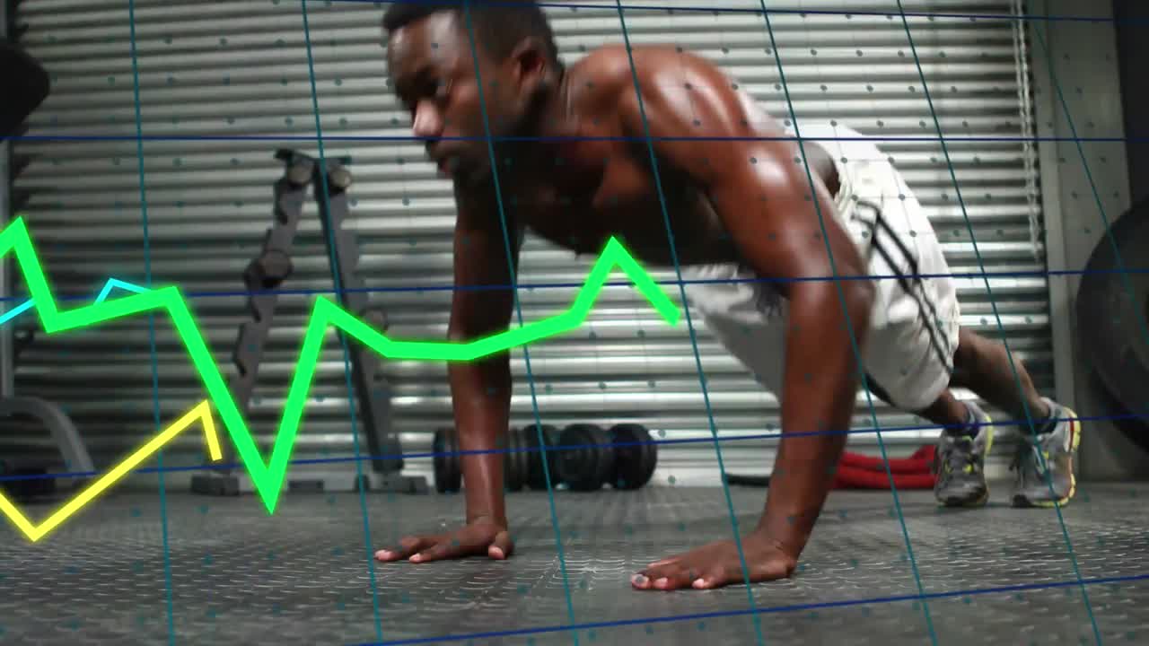 animación de gráficos que se mueven sobre un hombre en forma afroamericano que realiza ejercicios de flexión en el gimnasio