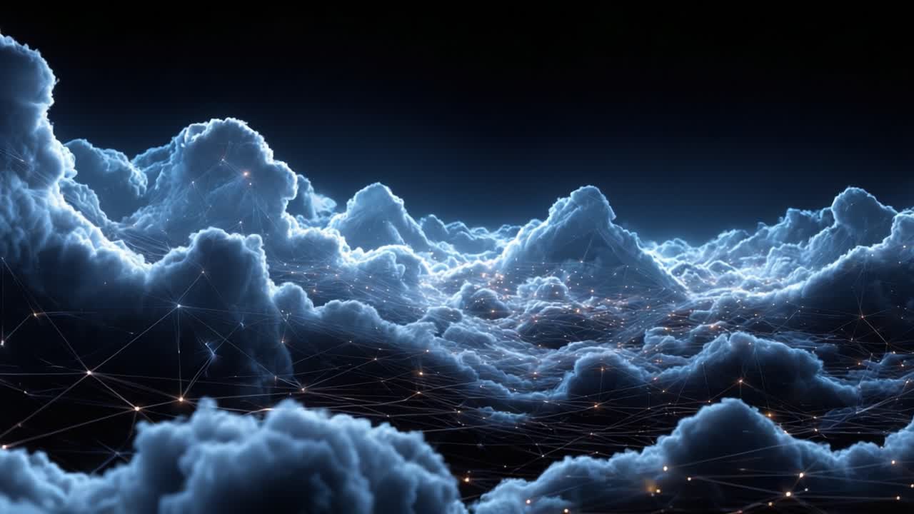 A breathtaking view of a digital cloudscape, showcasing intricate networks of light and mist that create an ethereal, dreamy atmosphere reminiscent of a sci-fi landscape