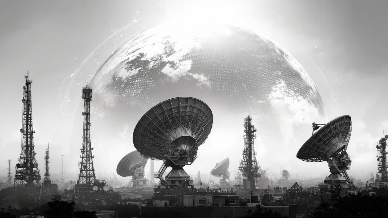 Futuristic black and white animation of a technological city with telecommunication towers and satellite dishes, symbolizing global network connectivity and data transmission with a rotating planet