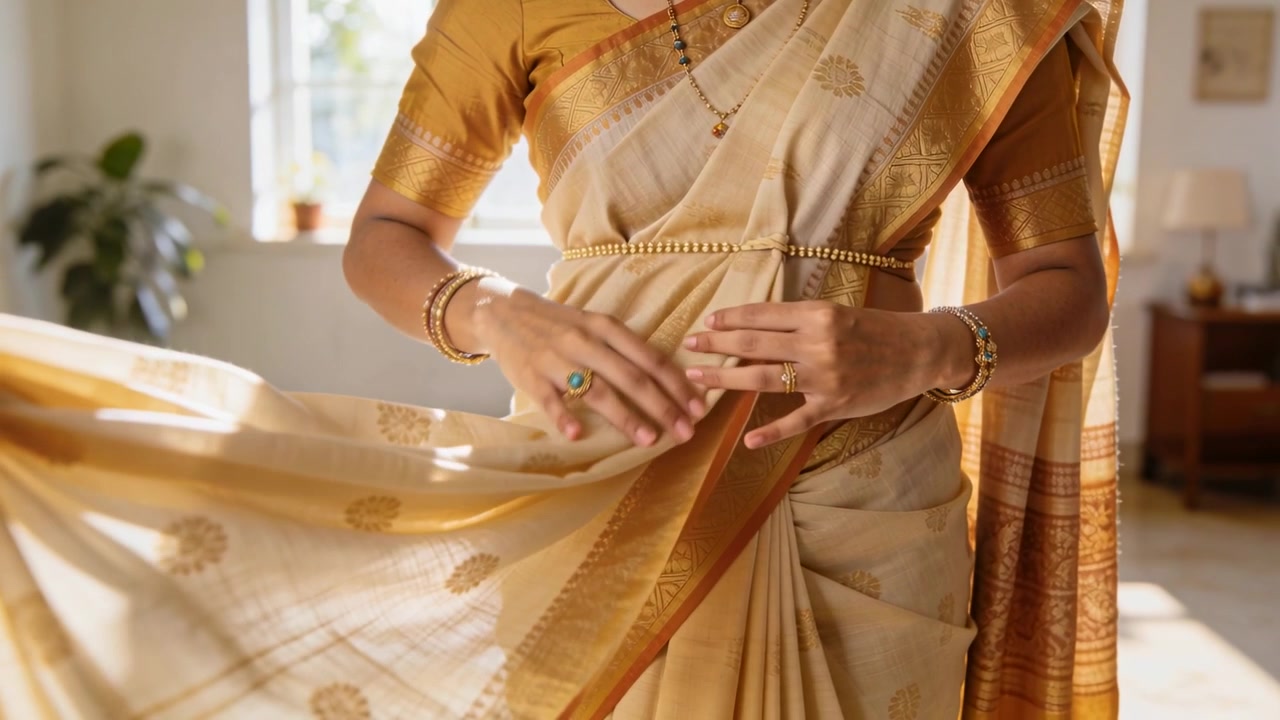 Donna in sari color crema che tiene il pallu, sistema le pieghe in una stanza illuminata dal sole, fissando il kamarband per il drappeggio.