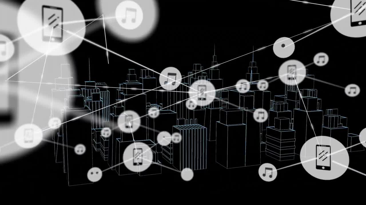 animación de la red de conexiones con iconos sobre el dibujo arquitectónico 3d de la ciudad en el fondo