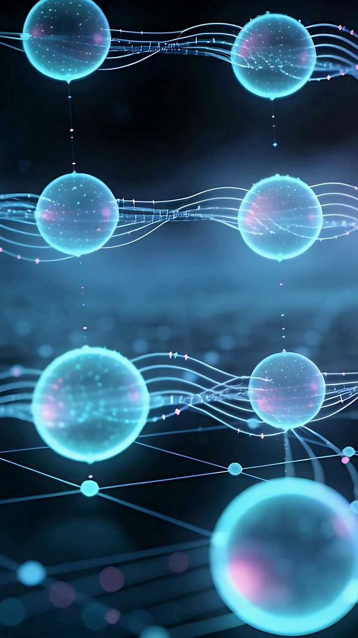 Vertical video: Pulsing nodes following rippling ribbons in dark grid, sending sparks down strands