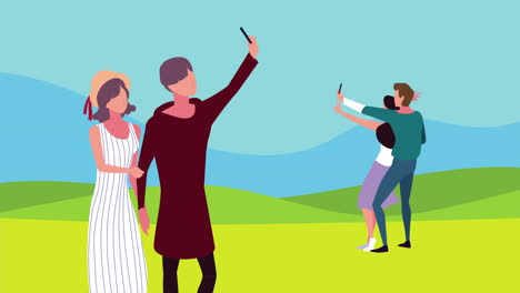 amigos tomando selfies en un campo