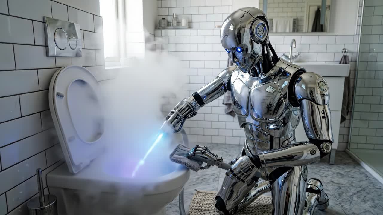 Modern Banyoda Buharla Tuvalet Temizleyen İnsansı Robot