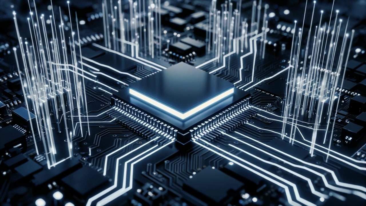 Central processorchip med glødende datastrømme på et printkort