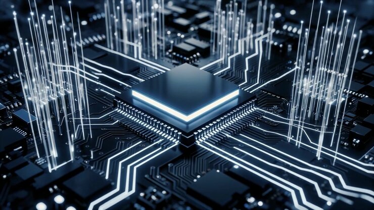 Central Processing Unit Chip with Glowing Data Streams on Circuit Board