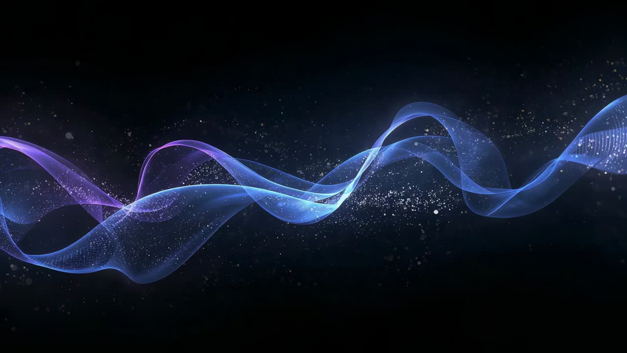Starting ribbon waves shifting across dark void, trailing particle specks and evoking breath