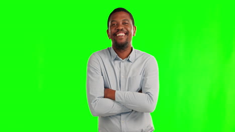 Smile,-black-man-and-arms-crossed-on-green-screen