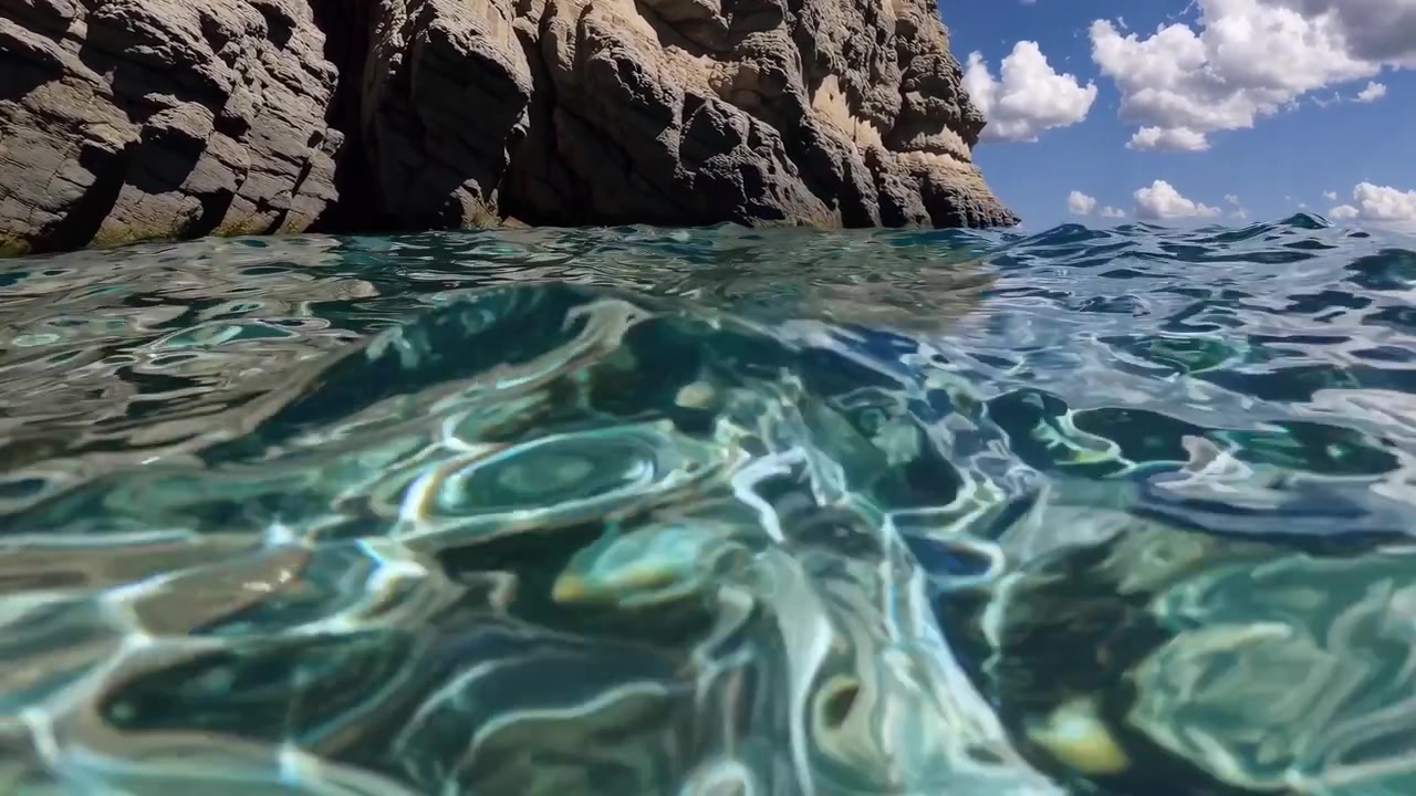 Clear Turquoise Water Rippling Against a Rocky Coastal Cliff