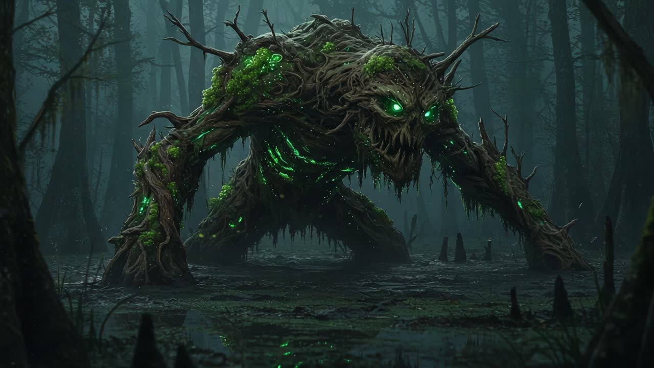 A menacing creature arises from the murky depths of the forest, its grotesque form cloaked in vines and moss, illuminated by an eerie green glow as it stands ready to strike