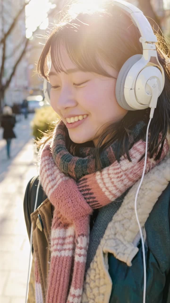 A candid street video captures a young woman smiling with headphones, wearing a cozy scarf