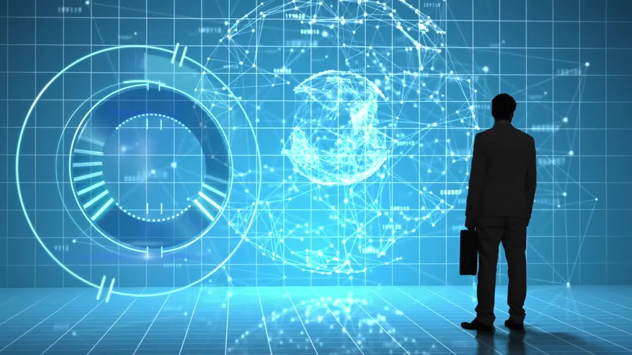 둥근 스캐너의 애니메이션과 전 세계 연결 네트워크에 대한 사업가의 뒷면