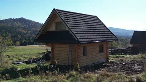 log cabin under construction in mountainous landscape