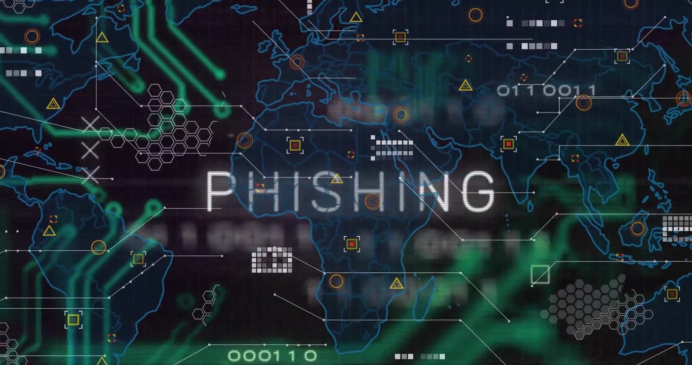 Rivelazione parziale che innesca PHISHING al centro, tracce verdi che entrano, cluster esagonali che mappano il rischio