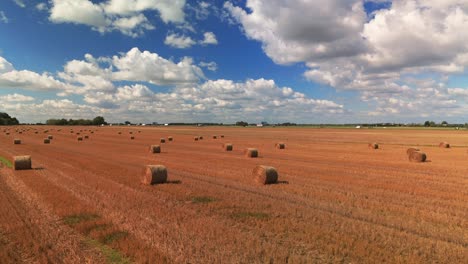 a wide aerial view of a harvested field with neatly arranged hay bales under a bright blue sky filled with fluffy clouds. ideal for themes related to agriculture, harvest season, and rural landscapes.