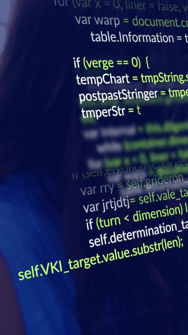 Vertikal video: Turkis app-bogstav 'a' pulserer øverst til venstre, mens udvikler taster og viser kode-overlay for teknologi.