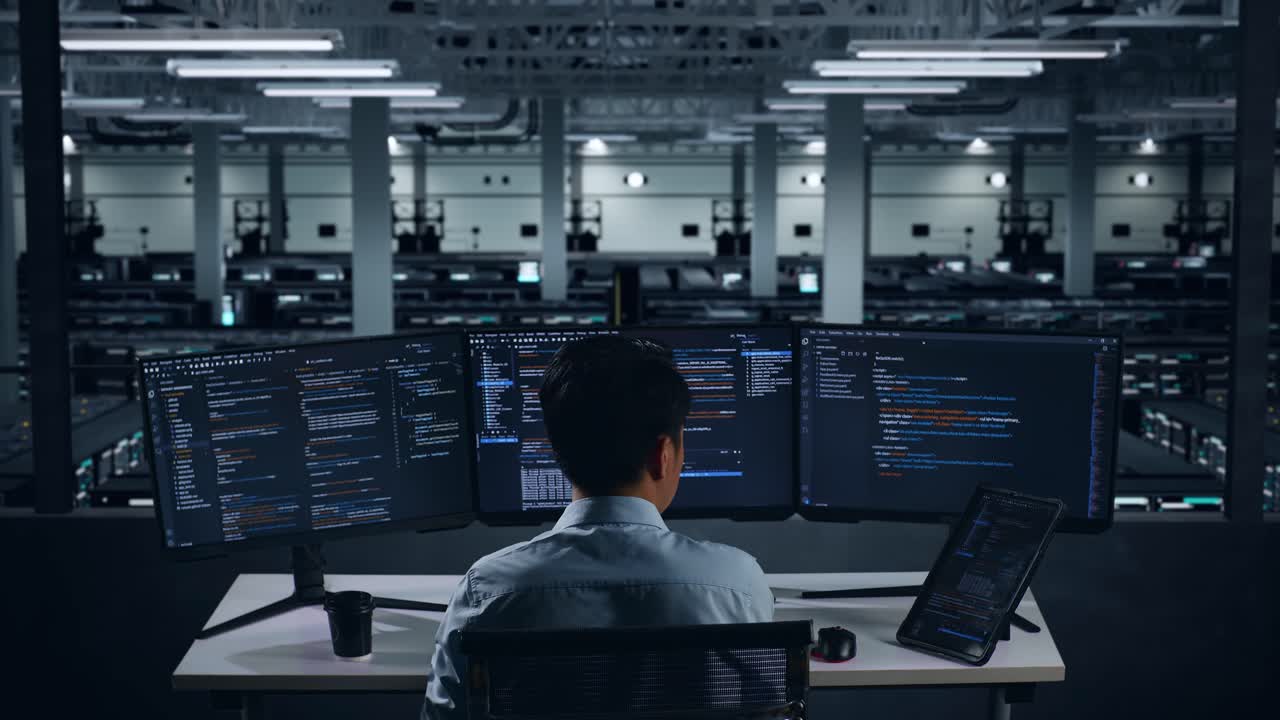 Back View Of Asian Man Developer Working With Tablet While Write Code With Multiple Computer Screens In Data Center
