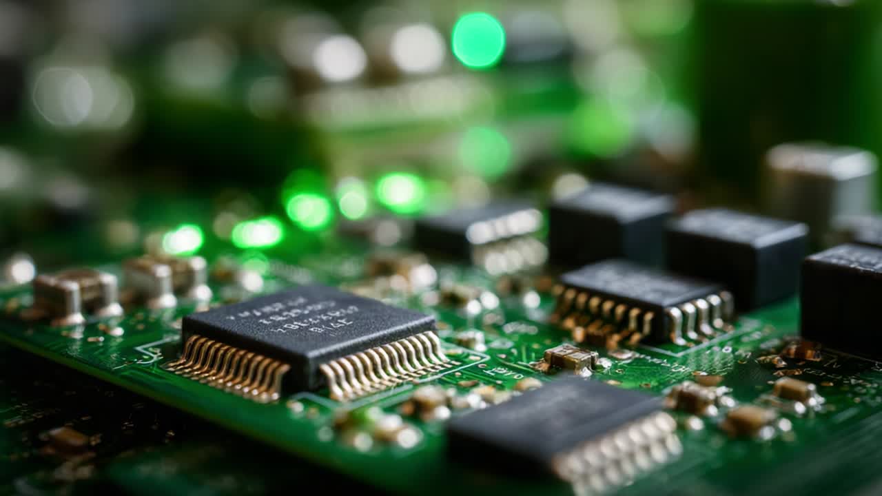 Close-up Views of Microprocessor Components on a Circuit Board, Showcasing Intricate Patterns and Details of Electronic Components Alongside Glowing LED Indicators and Connection Points