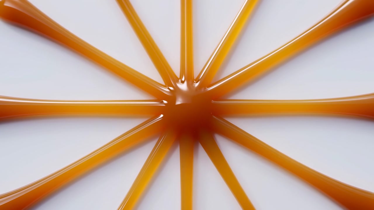 Centreret abstrakt komposition viser blanke orange eger, der stråler ud fra et afrundet nav på en ren hvid baggrund, med blød sløring, varme ravfarvede toner, højlys og en dynamisk bevægelseseffekt.