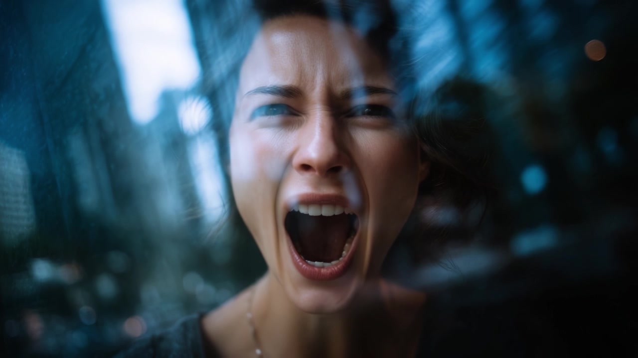 A powerful expression of raw emotion captured through a glass reflection, showcasing the intensity of a woman's scream in a city backdrop filled with vibrant energy.