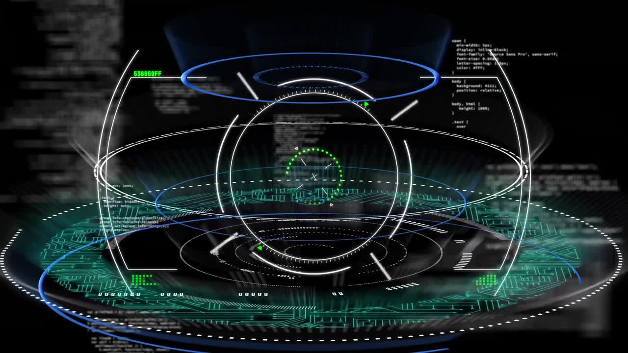 Animation of circular safe lock rotating, with computer circuitboard and data processing, on black