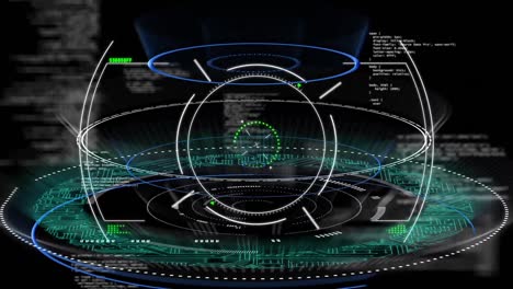 Animation-of-circular-safe-lock-rotating,-with-computer-circuitboard-and-data-processing,-on-black