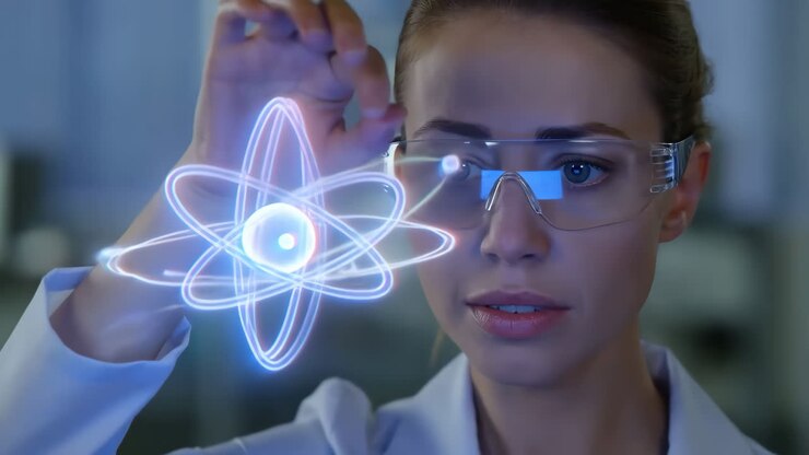 Cientista examinando a estrutura atômica