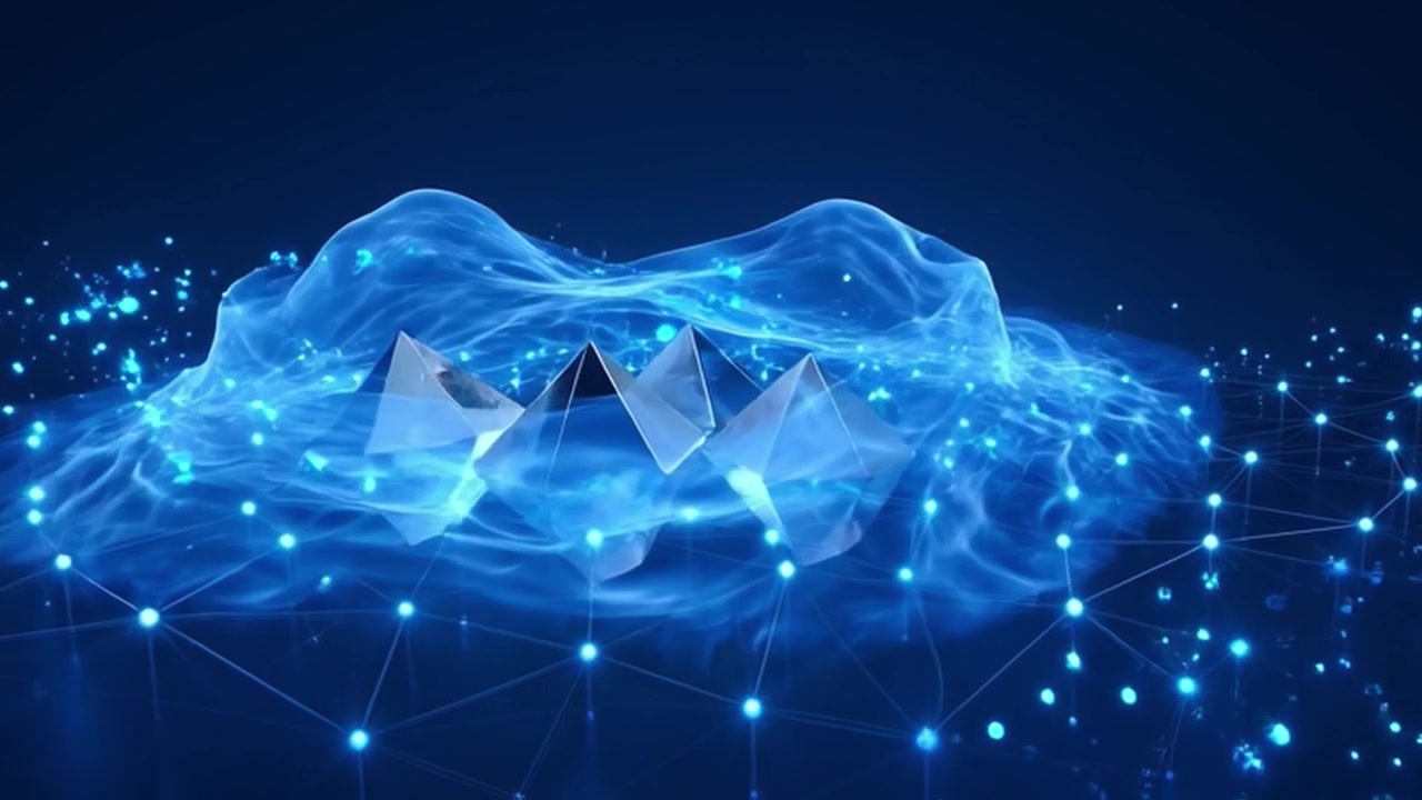 Abstrakte digitale pyramider omgivet af glødende blå energibølger