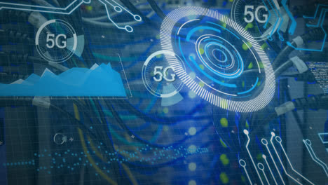 animation of 5g and processing circles over servers
