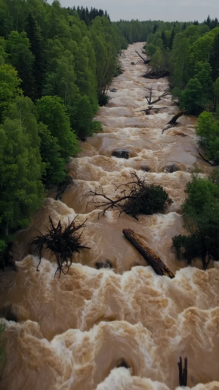 Turbulent Muddy River Flowing Through a Green Forest