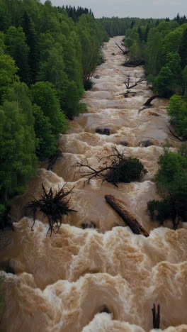 turbulent muddy river flowing through a green forest