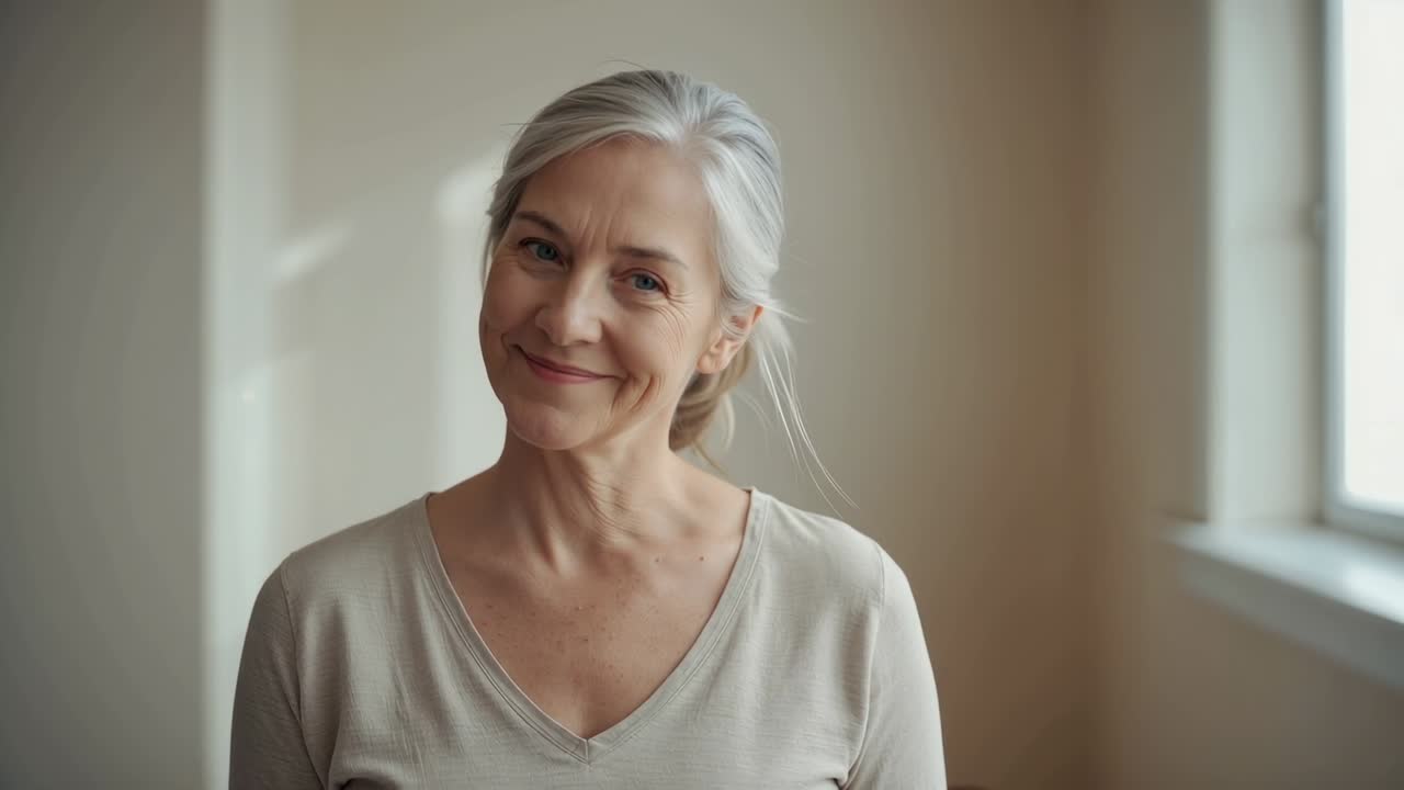 Reagindo a um estímulo fora da câmera, mulher idosa inclinando a cabeça e sorrindo perto da janela, usando uma blusa bege decote em V.